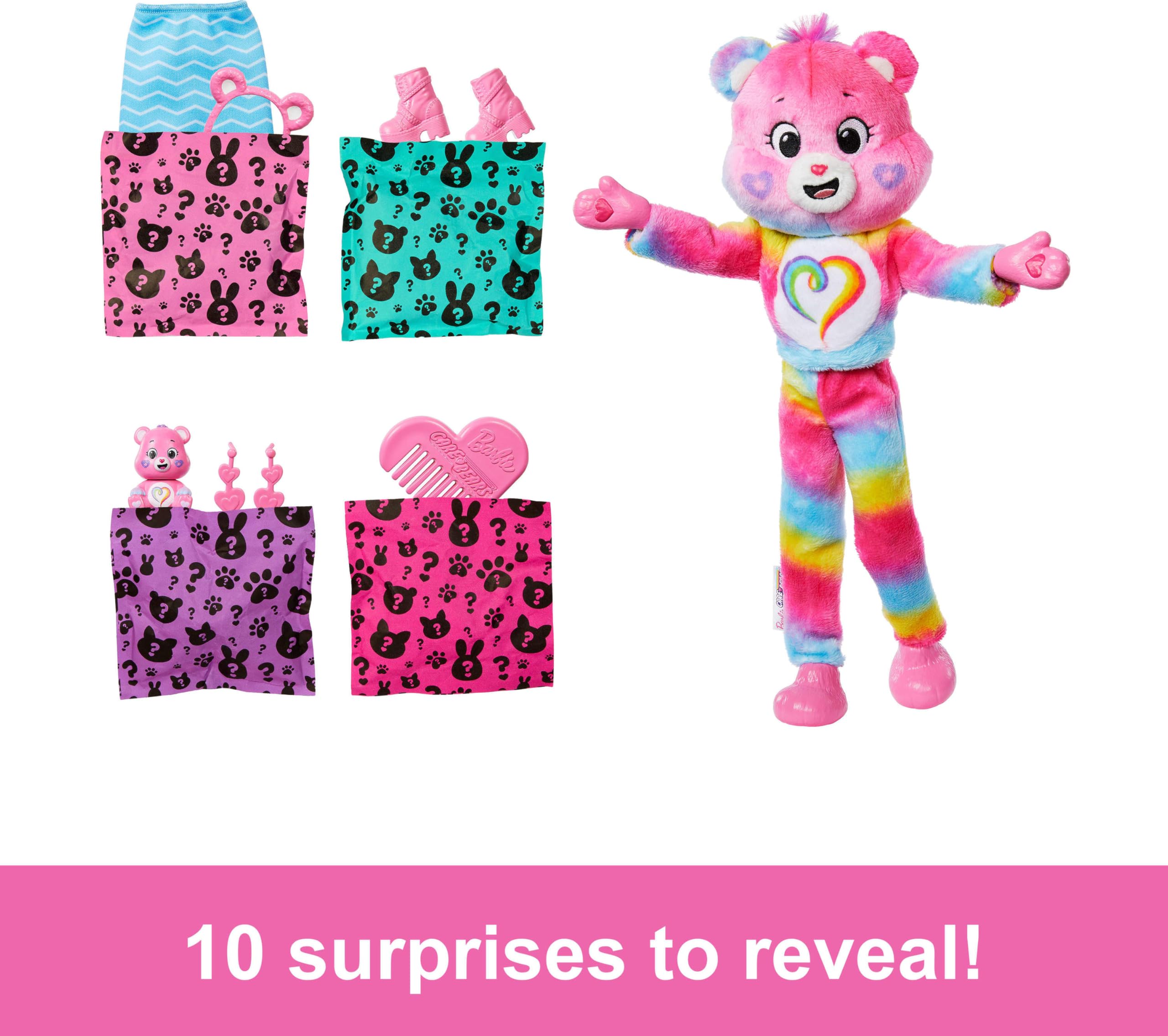 Barbie Cutie Reveal Care Bears doll emerges from plush costume for dress-up play.