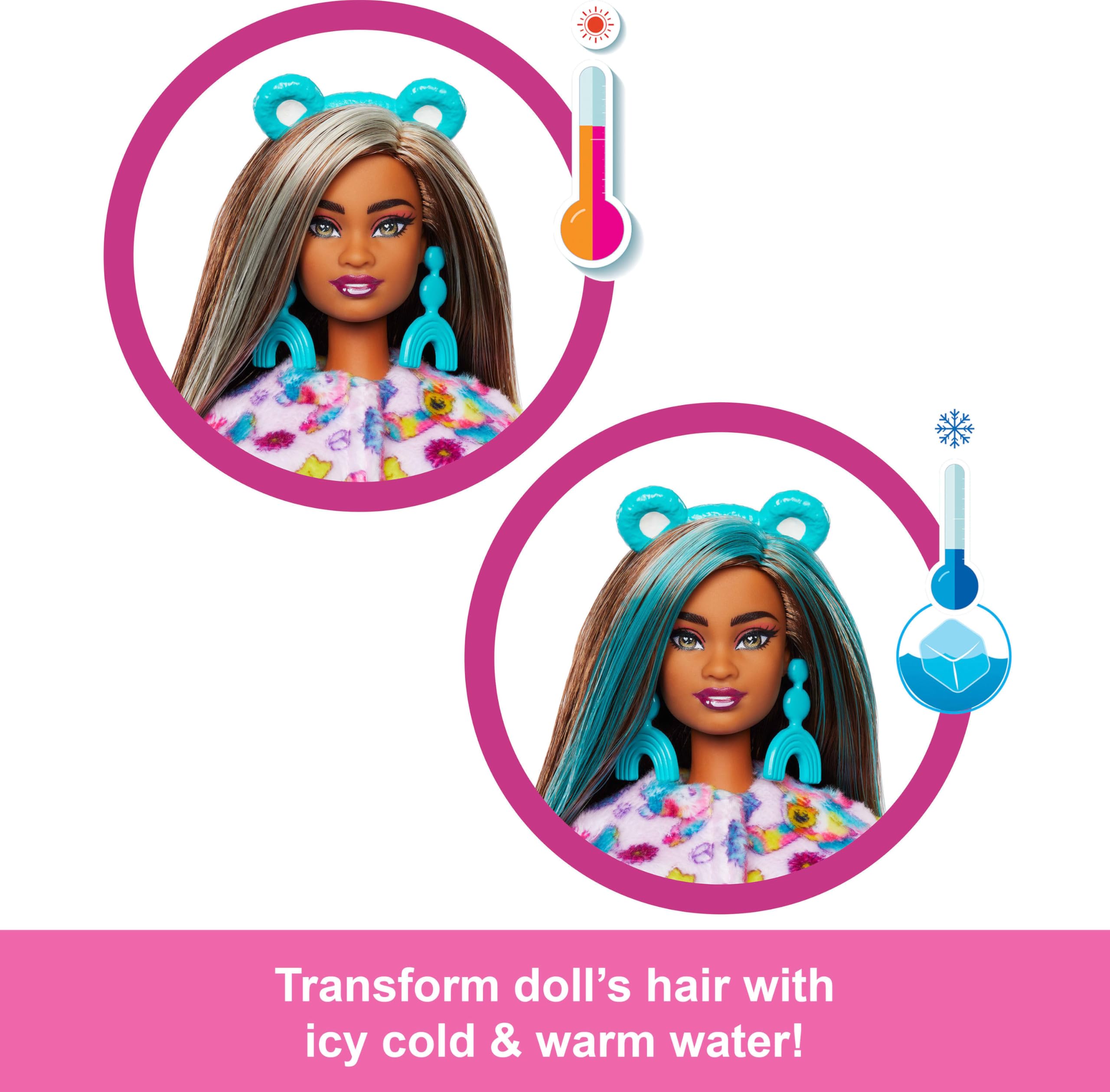 Barbie Cutie Reveal Care Bears doll reveal with long brown hair and twinkle-shine eyes.