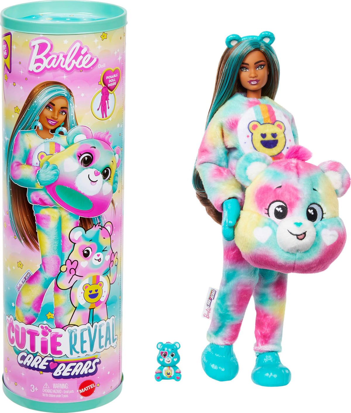 Barbie Cutie Reveal Care Bears Good Vibes Bear packaging, a playful collectible moment for kids.