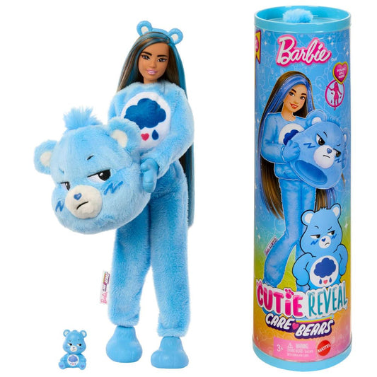Barbie Cutie Reveal Care Bears Grumpy Bear costume on plush friend for imaginative play