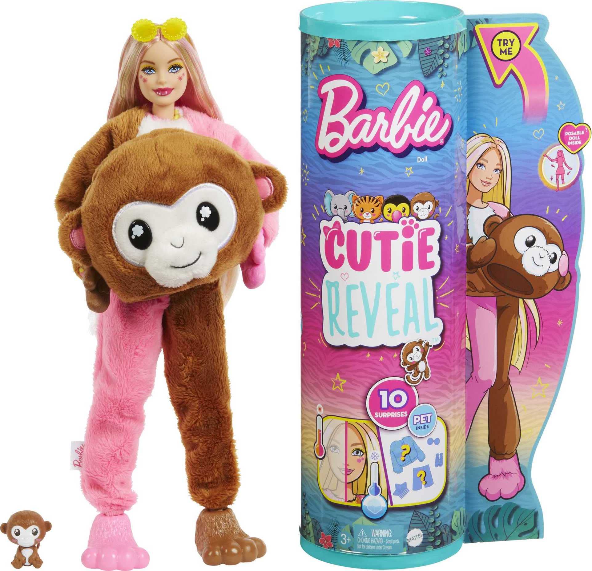 Barbie Cutie Reveal Jungle Monkey plush costume with doll ready to play