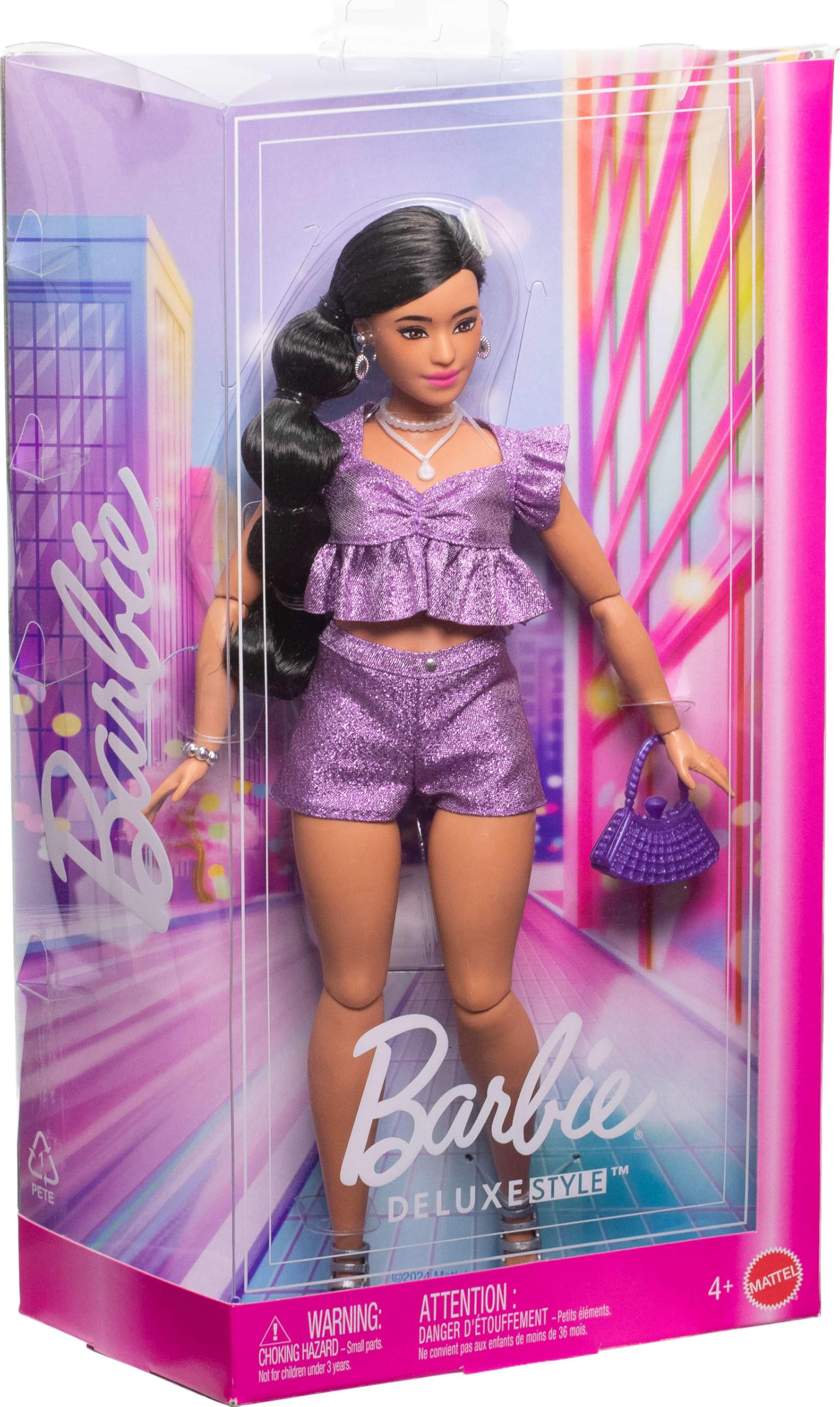 Barbie Deluxe Style Doll metallic outfit close-up inspires fashion imagination.