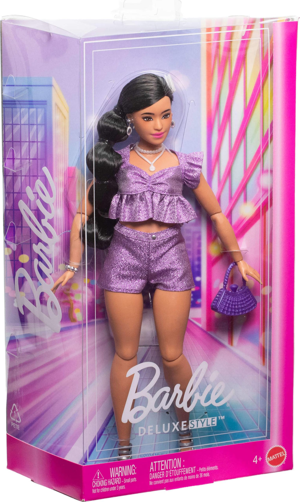 Barbie Deluxe Style Doll metallic outfit close-up inspires fashion imagination.
