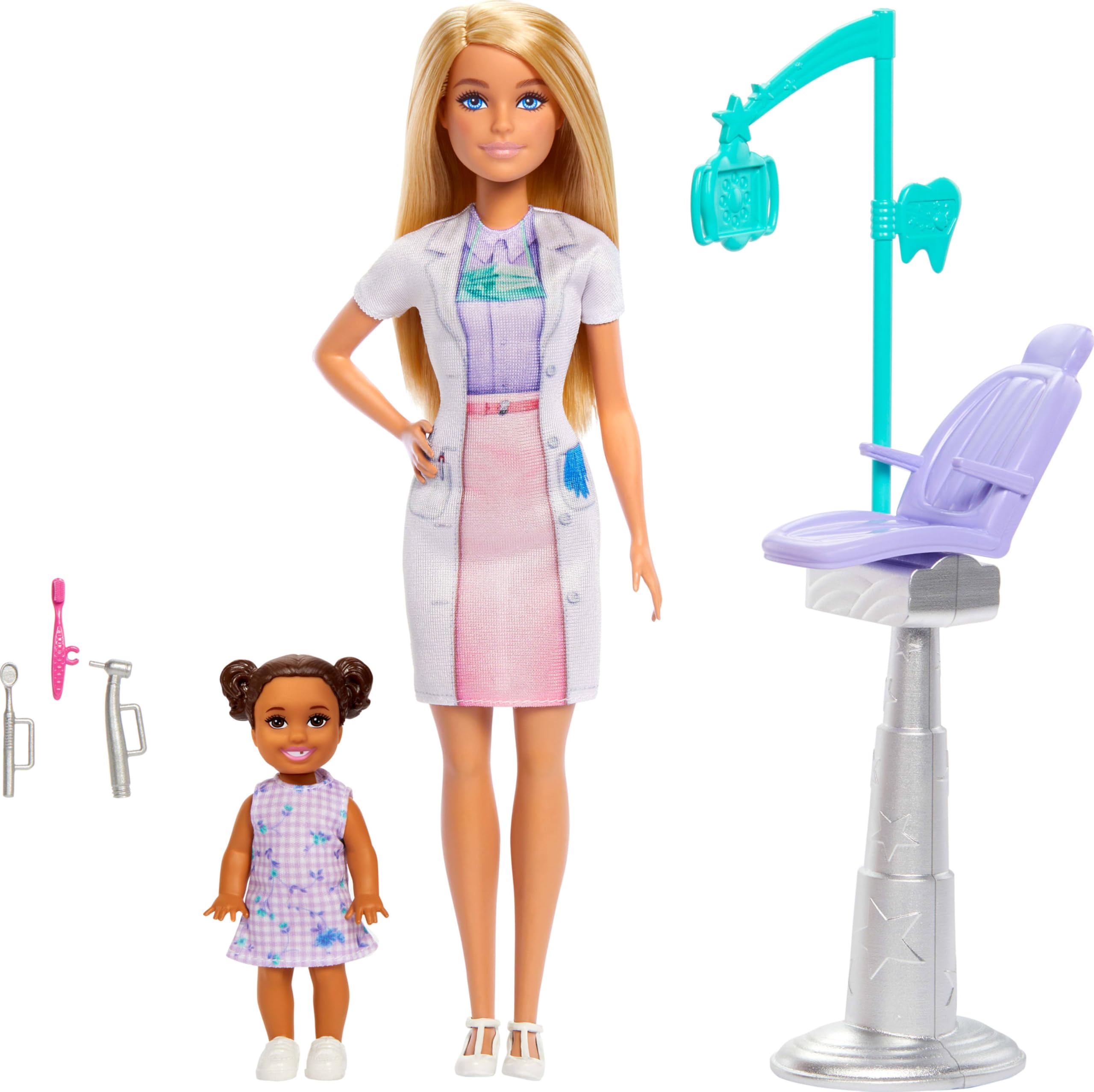 Barbie Dentist blue dress adds visual appeal for pretend visits.
