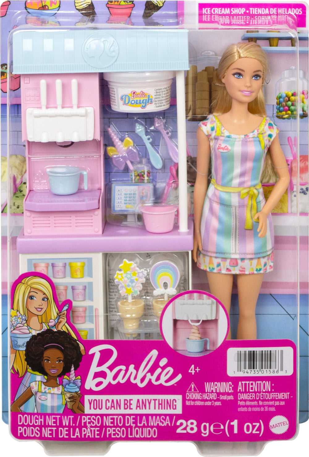 Barbie doll in ice-cream-shop dress inspires playful storytelling.