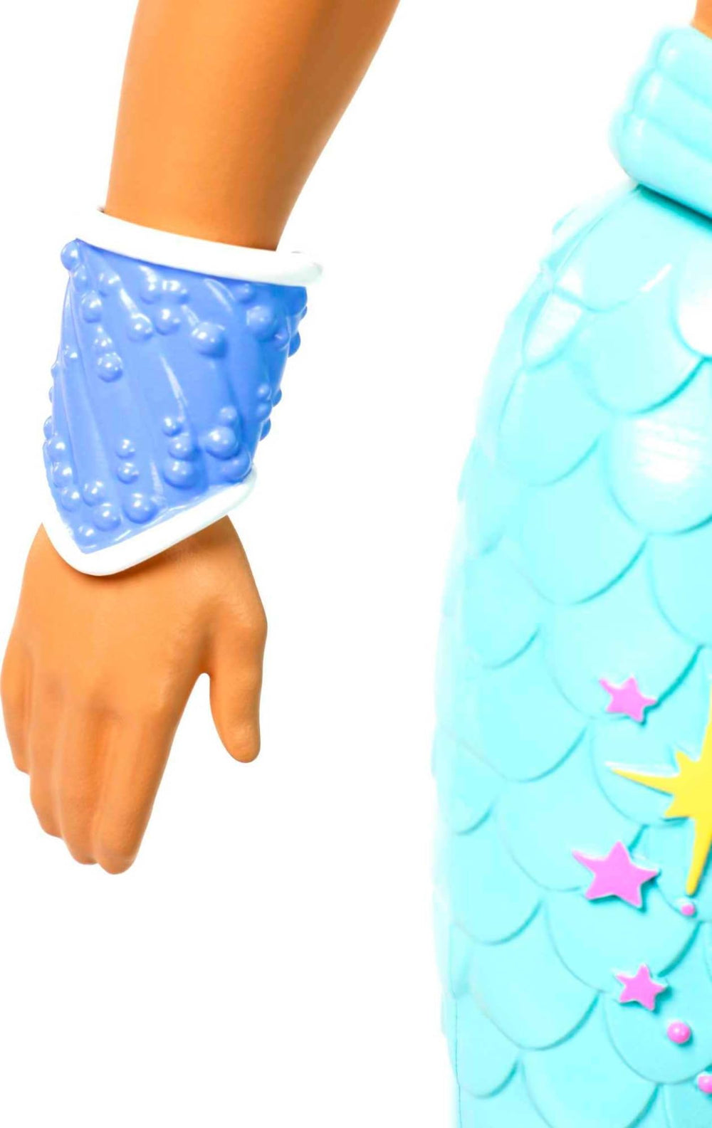 Barbie Dreamtopia merman doll blue wrist gauntlets add fantasy flair