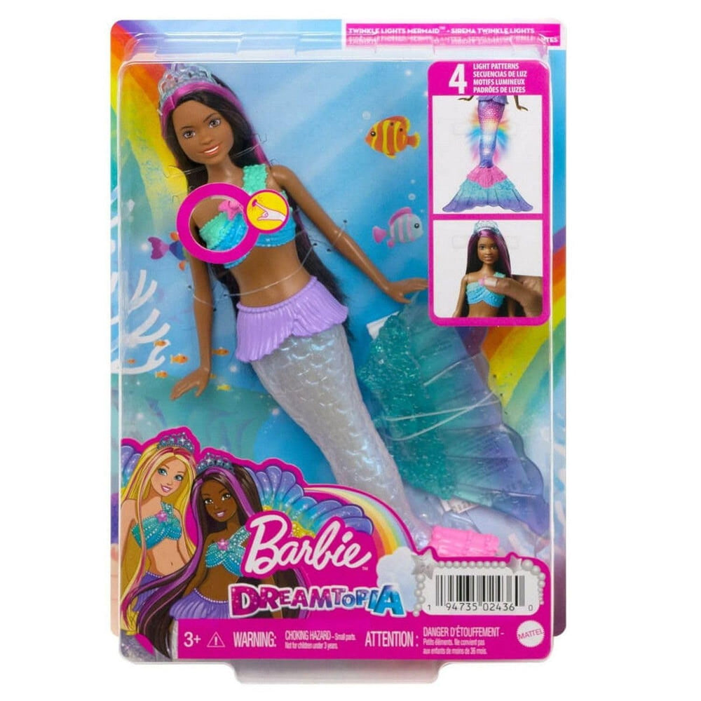 Barbie Dreamtopia mermaid's rainbow fins, tiara, and hair energize imaginative storytelling.