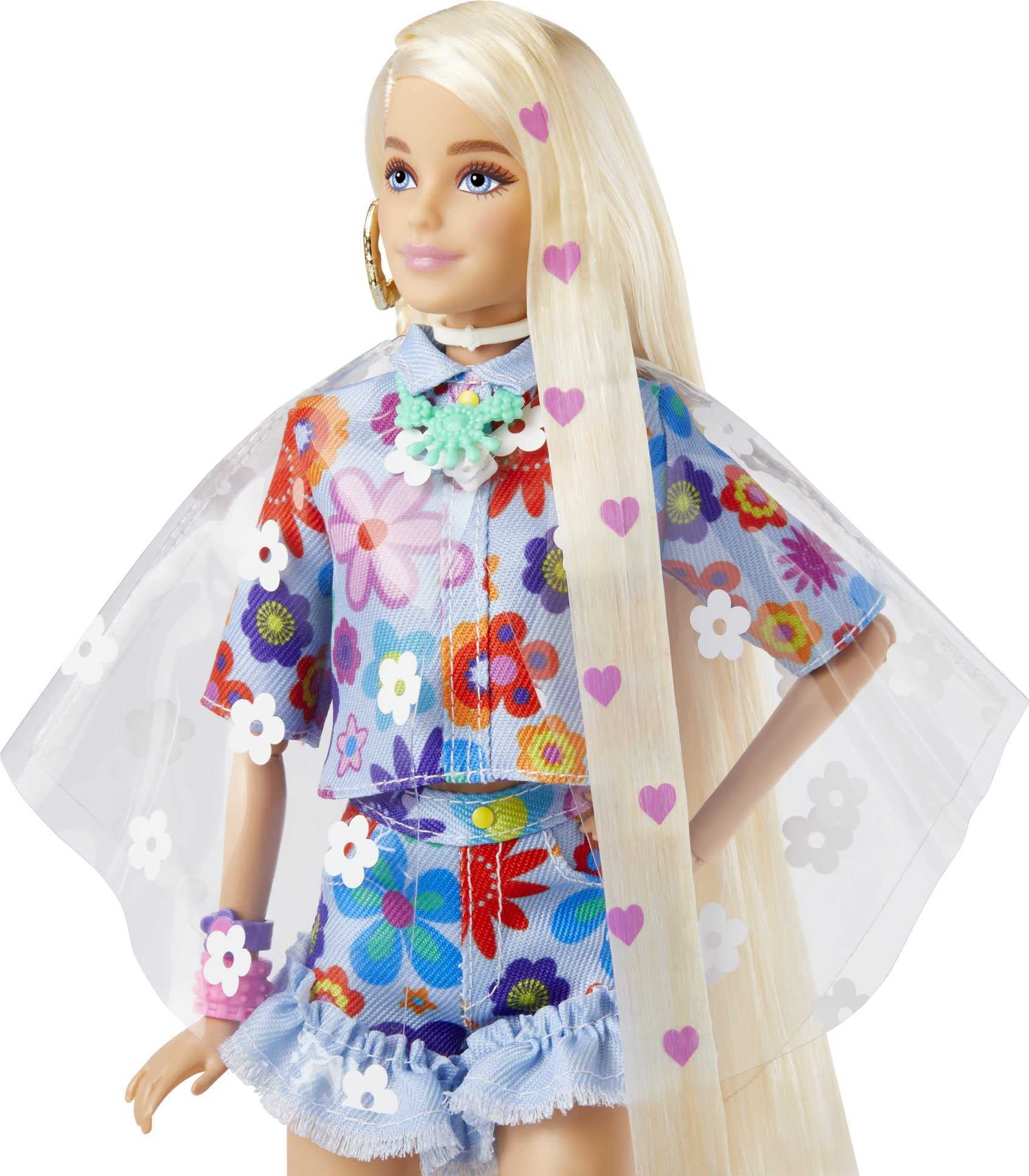 Barbie Extra floral top denim shorts—bold fashion for pretend adventures.