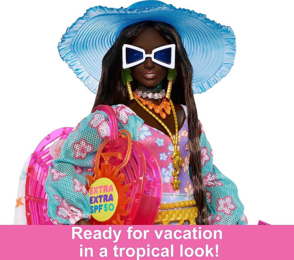 Barbie Extra Fly with heart-shaped beach bag and passport for imaginative trips.