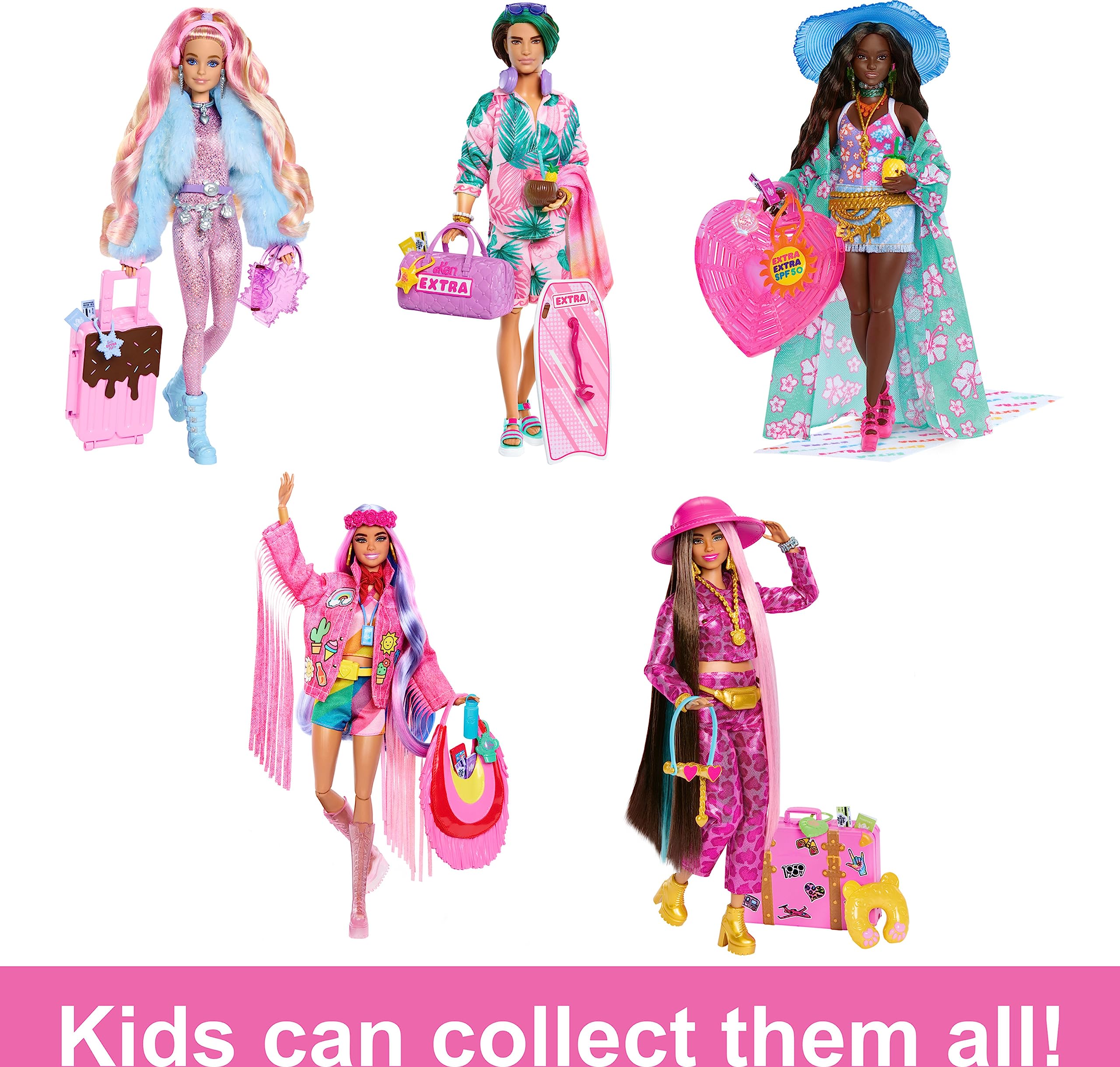 Barbie Extra Fly travel set with sunscreen keychain for practical play.