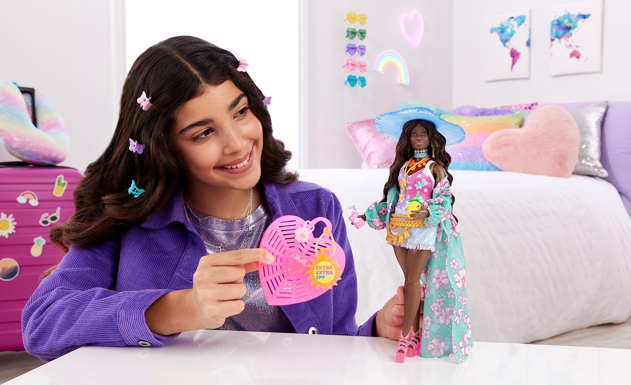 Barbie Extra Fly with tropical swimsuit and coverup for sun-filled adventures.