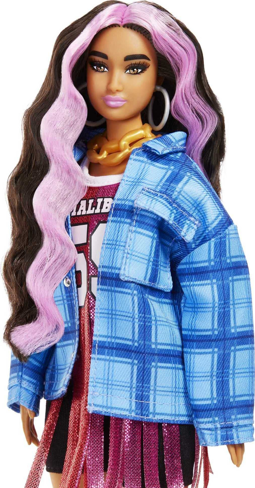 Long crimped pink-streaked hair frames Barbie Extra face for imaginative styling
