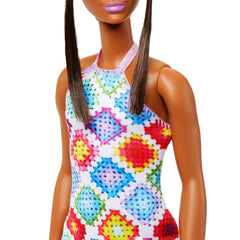 Barbie Fashionistas #210 crochet halter dress with colorful quilt pattern.