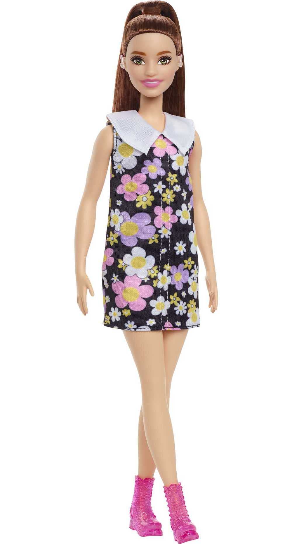 Barbie Fashionistas #187 with behind-the-ear hearing aids and brunette ponytail for inclusive play.