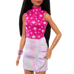 Barbie Fashionistas Doll #215 colorful bracelet adds vibrant detail for styling.