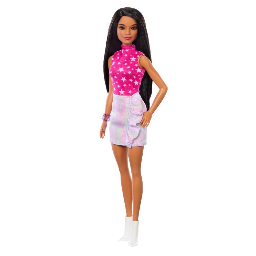 Barbie Fashionistas Doll #215 white boots complete a bold fashion ensemble.