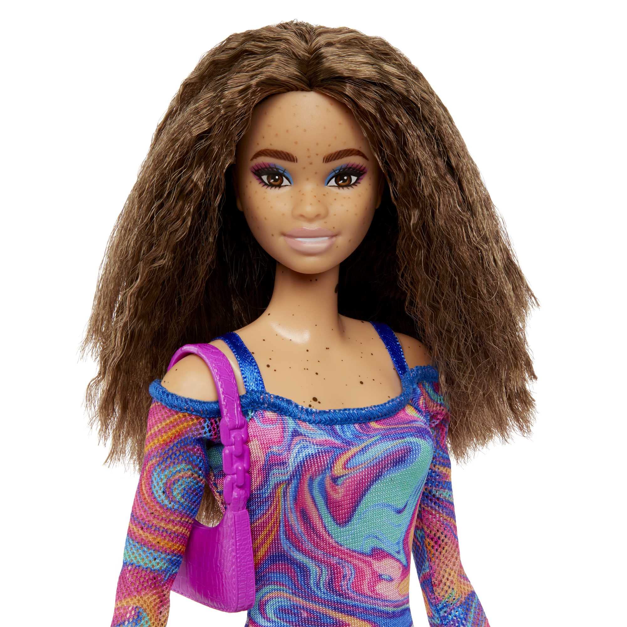 Barbie Fashionistas dress rainbow marble print adds bold color for creative outfits.