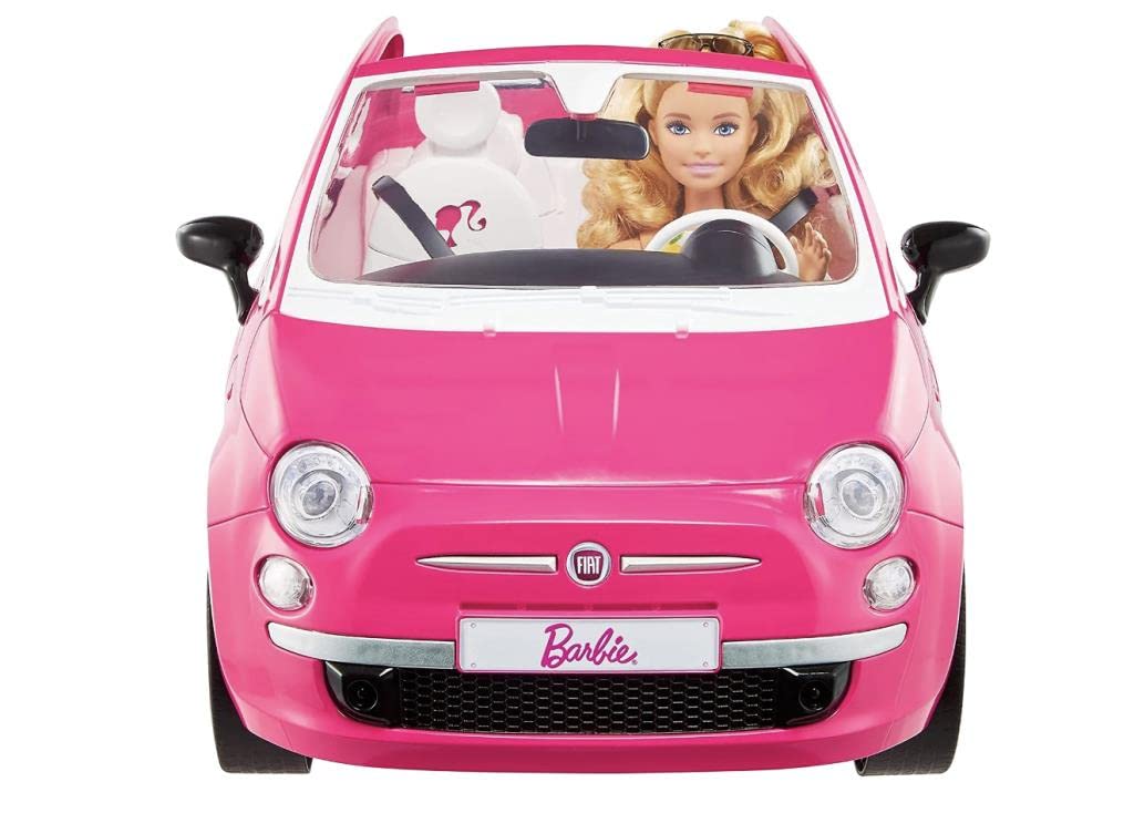 Barbie Fiat 500 car doors and wheels work for active play and storytelling.