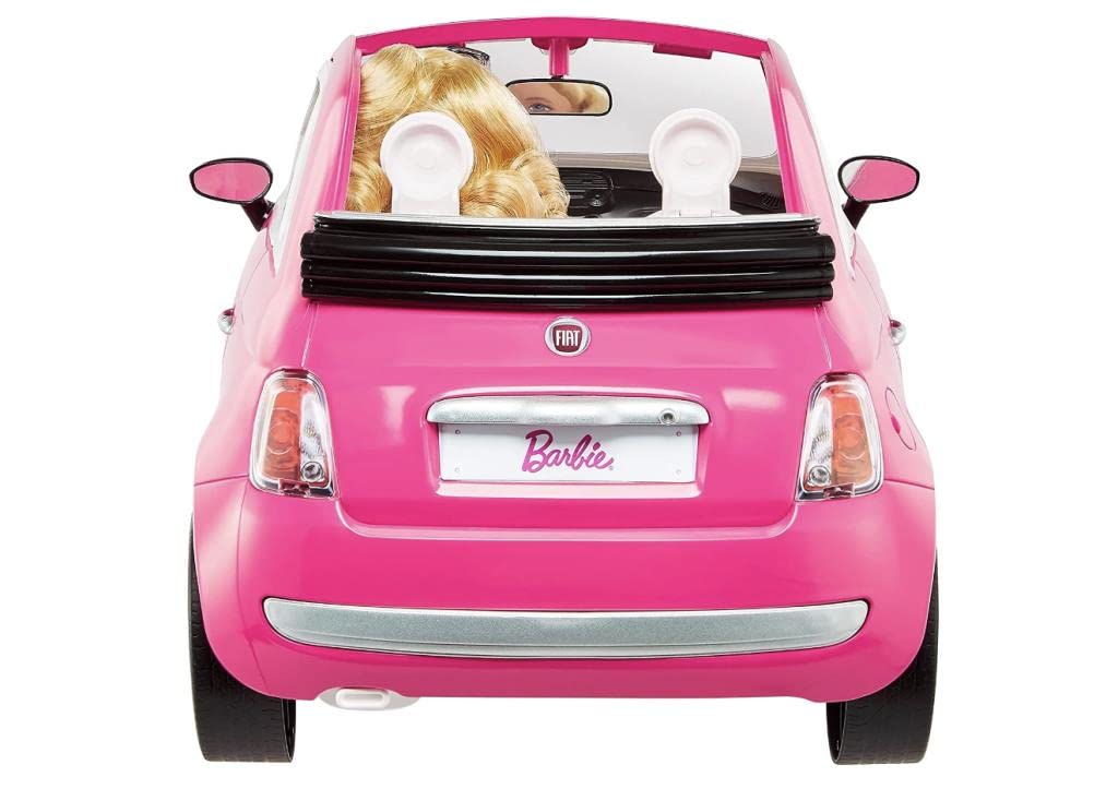 Barbie Fiat 500 car wheels work, ideal for pushing during pretend travel.