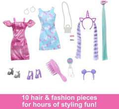 Barbie Fun & Fancy Hair dress featuring unicorn graphics for imaginative outfits
