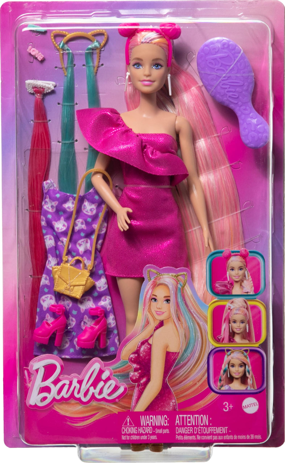Barbie Fun & Fancy hairbrush included for easy resets and repeat styling.
