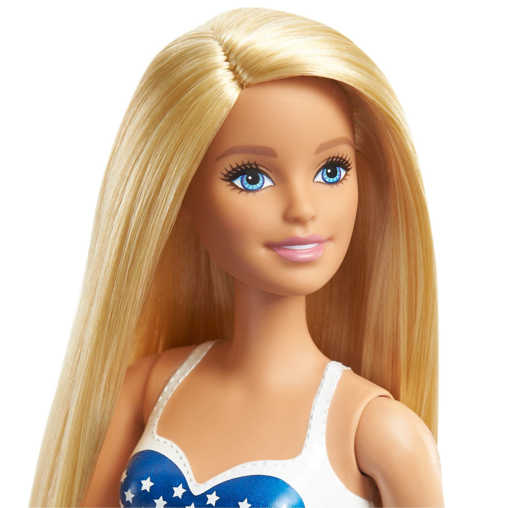 Barbie GPB17 swimsuit close-up shows red white blue flag pattern for patriotic storytelling