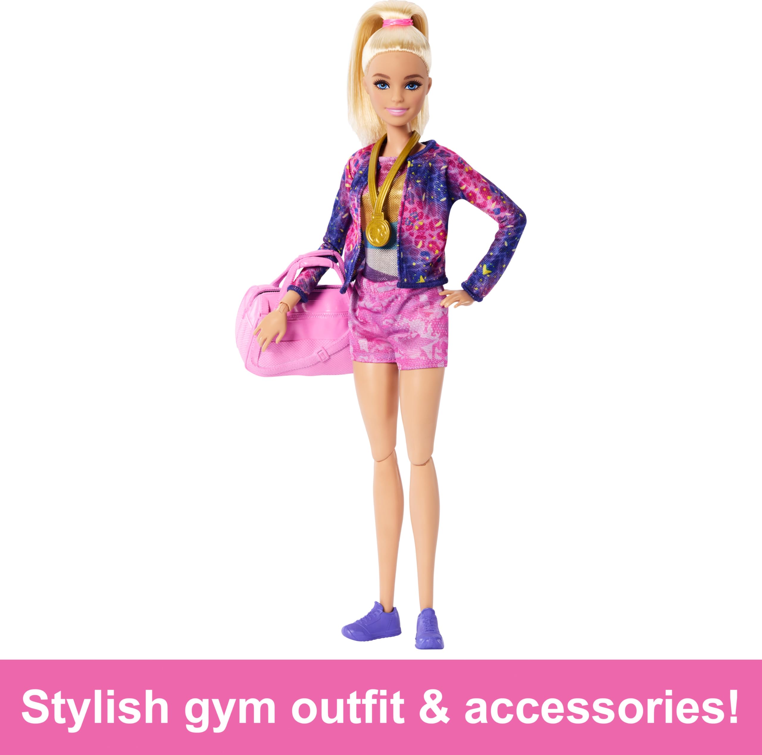 Barbie Gymnastics Doll with gym bag and sneakers for travel-ready play.