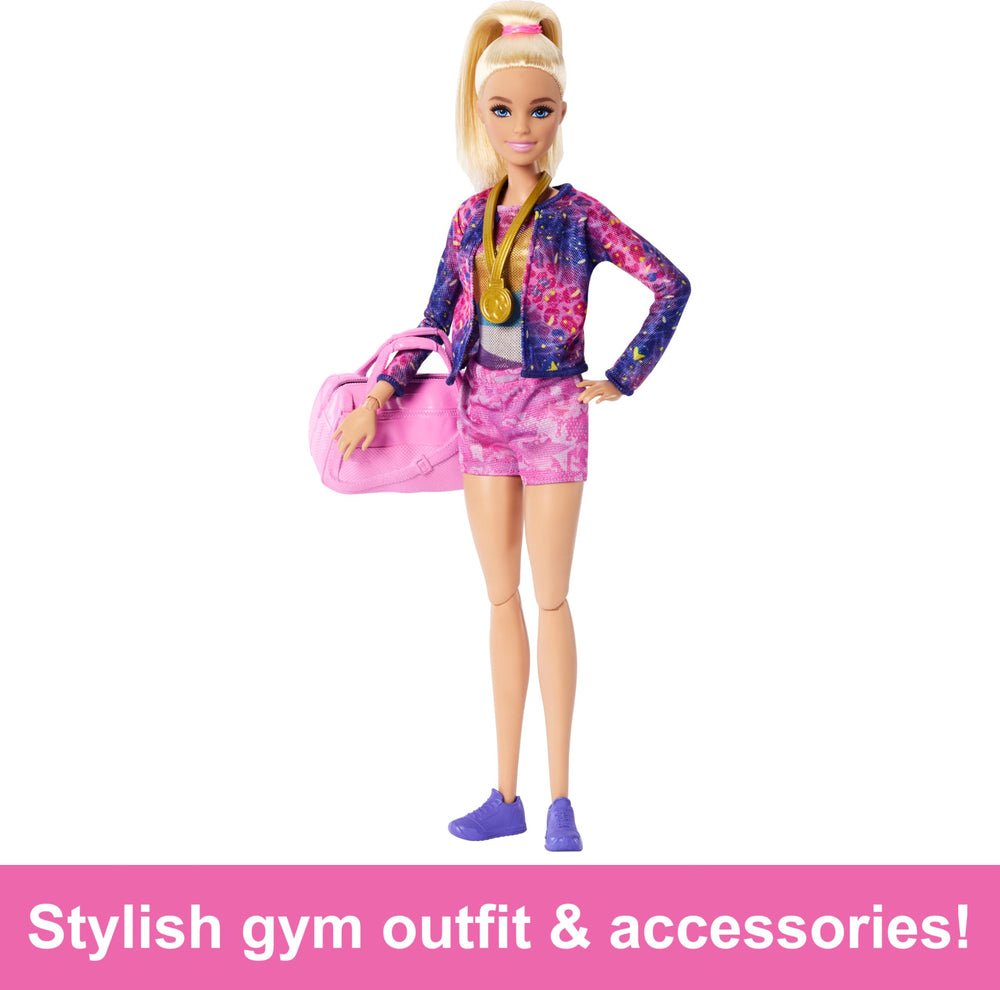 Barbie Gymnastics Doll with gym bag and sneakers for travel-ready play.