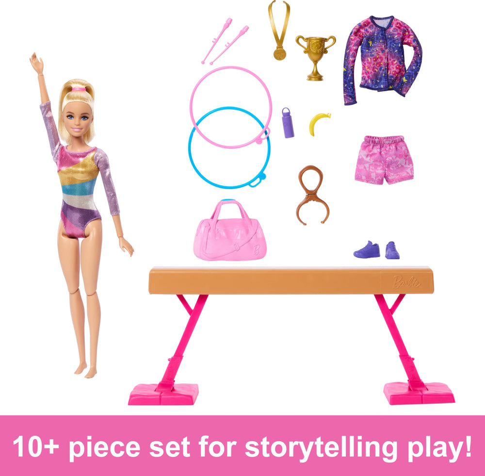 Barbie Gymnastics Doll on balance beam for creative floor routines and practice.