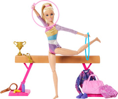 Barbie Gymnastics Doll using flip clip to perform flips and cartwheels for imaginative routines.