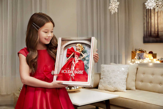 Barbie 2019 Holiday gown with red and white print close-up