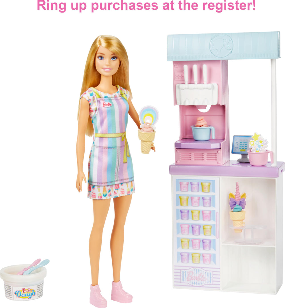Barbie register enables pretend checkout and role-play transactions.