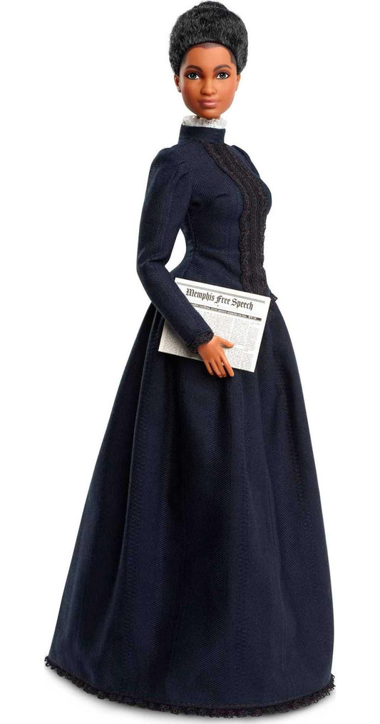 Barbie Ida B. Wells doll in blue dress with lace details for display and collection.