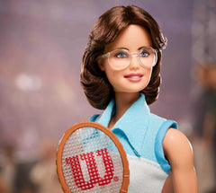 Barbie Billie Jean King doll wearing signature round-frame glasses for authenticity