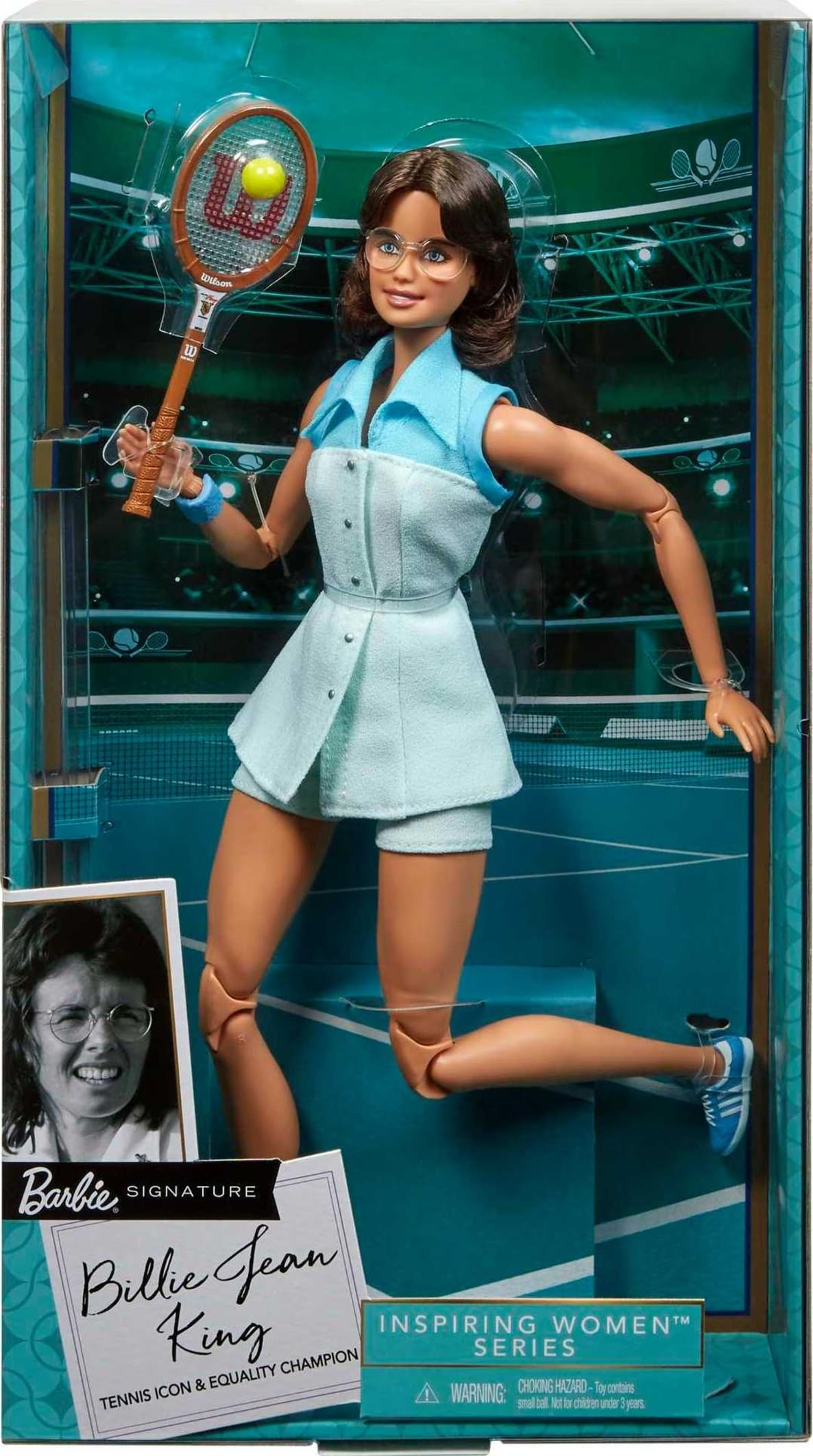 Blue tennis shoes with Barbie Billie Jean King doll for complete athletic look