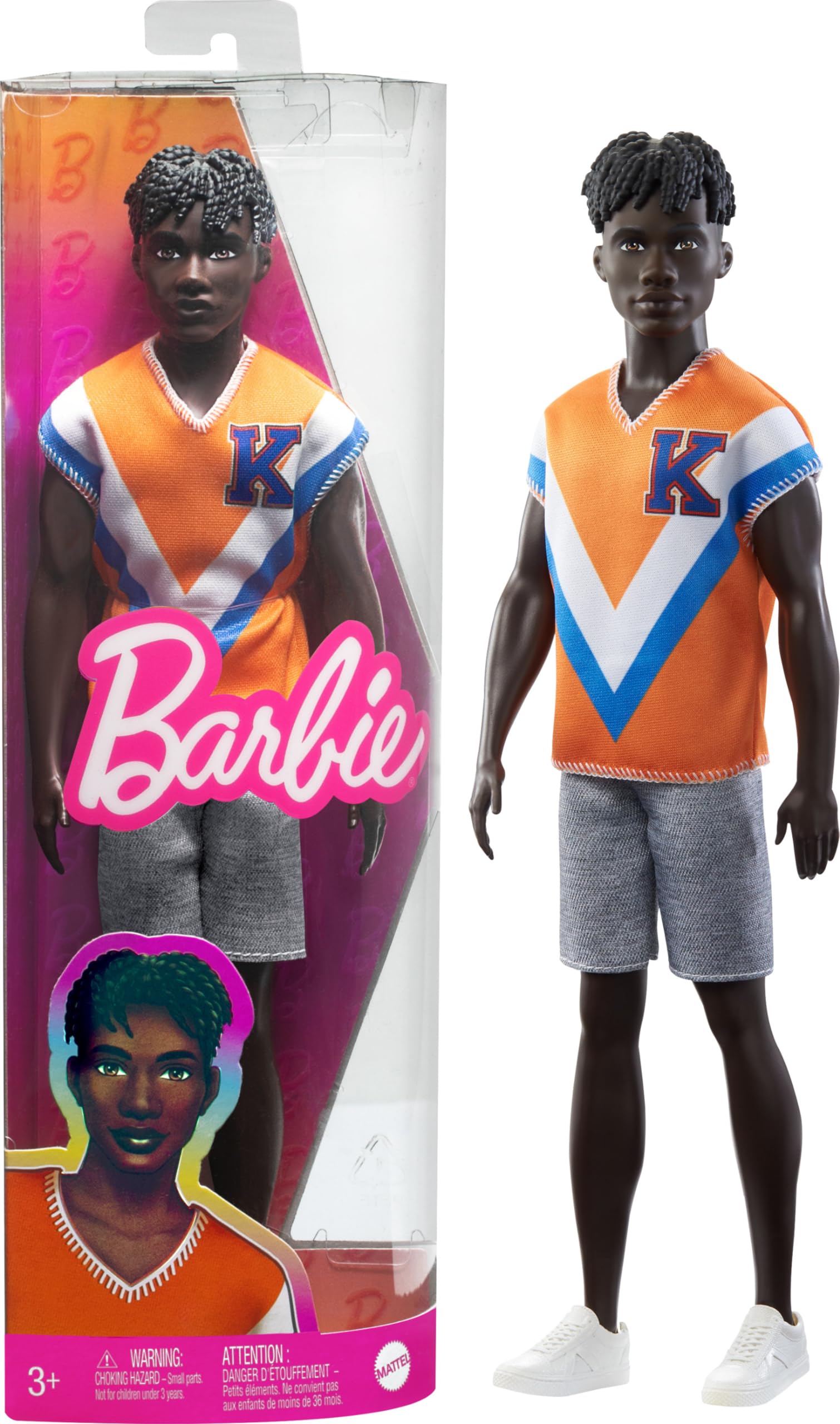 Barbie Ken Fashionistas with twisted hair in orange jersey for imaginative play.