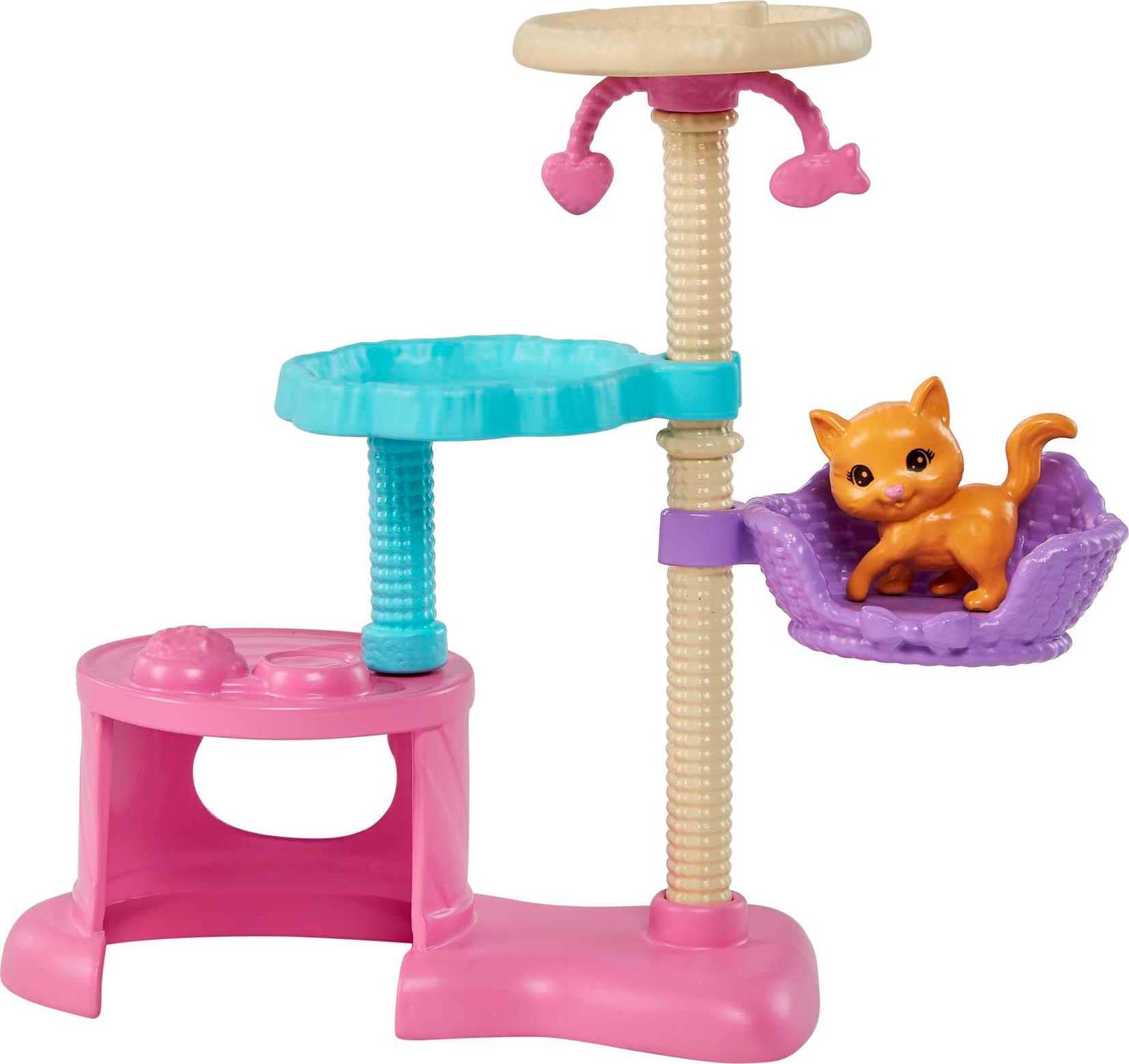 Barbie Kitty Condo teaser toy clips to Barbie’s hand for extra play.