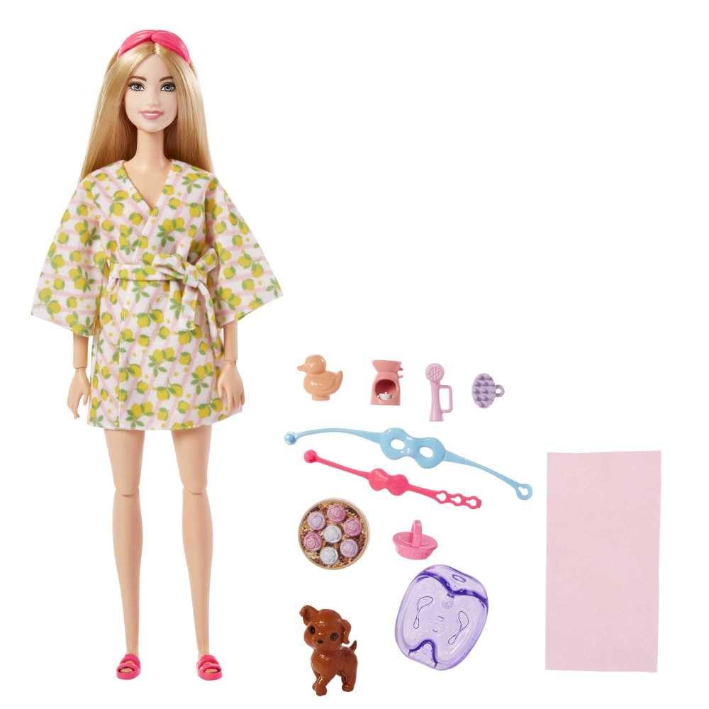 Barbie lemon-print bathrobe image emphasizes stylish comfort for pretend pampering.