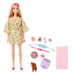 Barbie lemon-print bathrobe image emphasizes stylish comfort for pretend pampering.