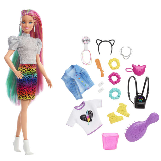 Barbie Leopard Rainbow Hair doll with long rainbow hair for imaginative styling play.