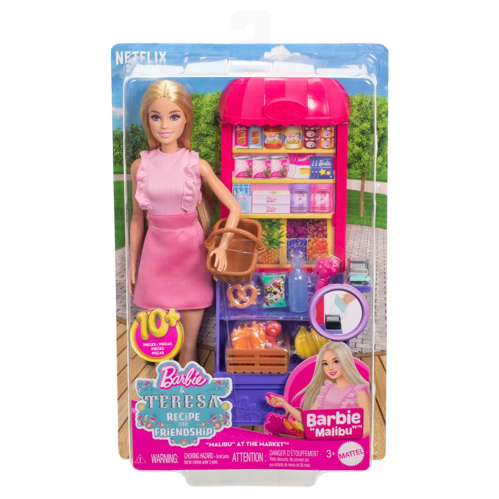 Barbie Malibu doll in pink dress and sneakers completes the market adventure