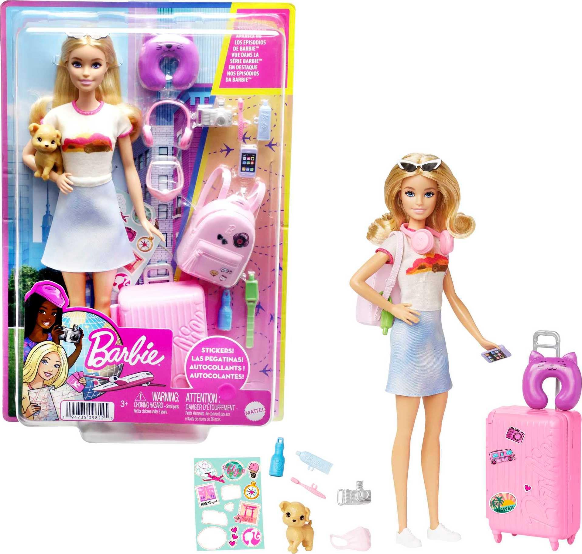 Barbie Malibu travel set doll with puppy ready for imaginative adventures