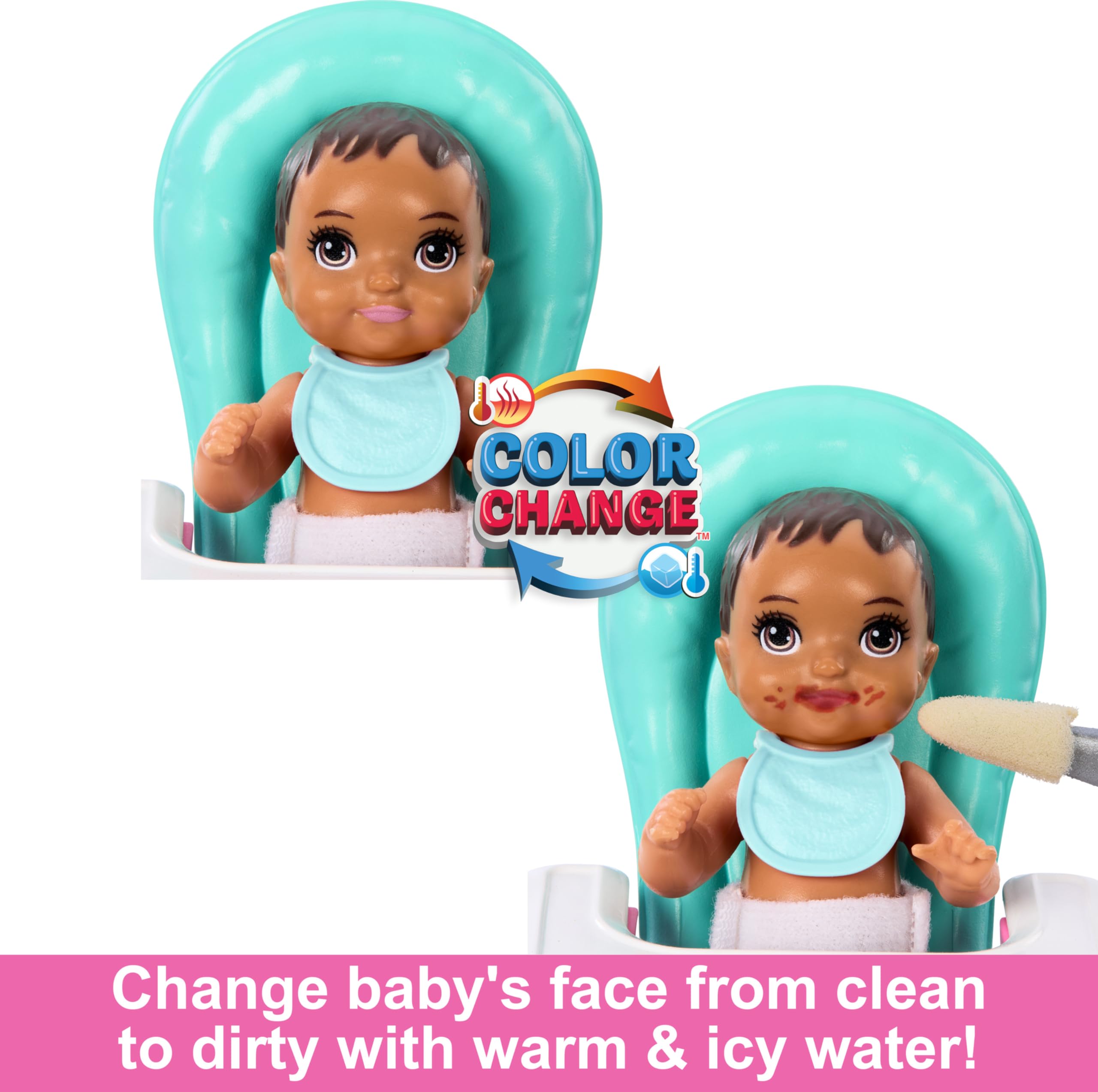Barbie mealtime highchair scene for nurturing role-play.