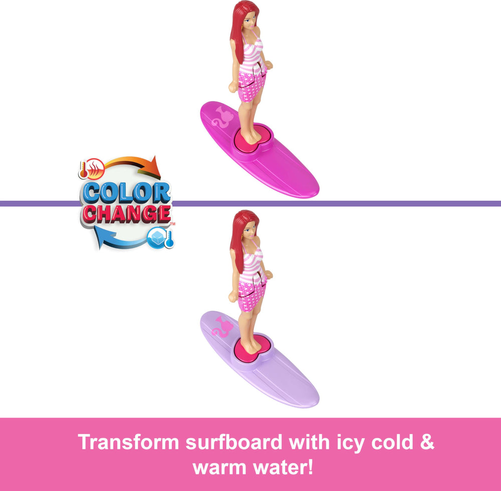 Barbie Mini Barbie Land Beach Bug Convertible shows color-change surfboard detail