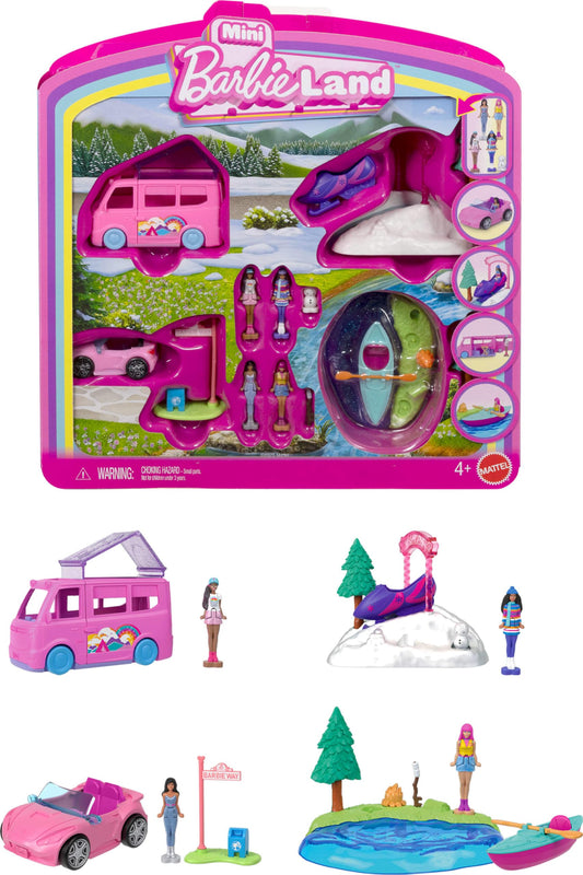 Barbie Mini BarbieLand 4-Pack with open vehicles for imaginative play and storytelling.