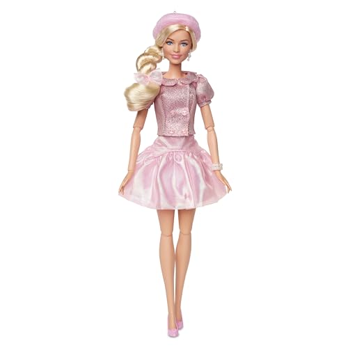 Barbie The Movie doll with beret and hair bow highlights chic headwear.