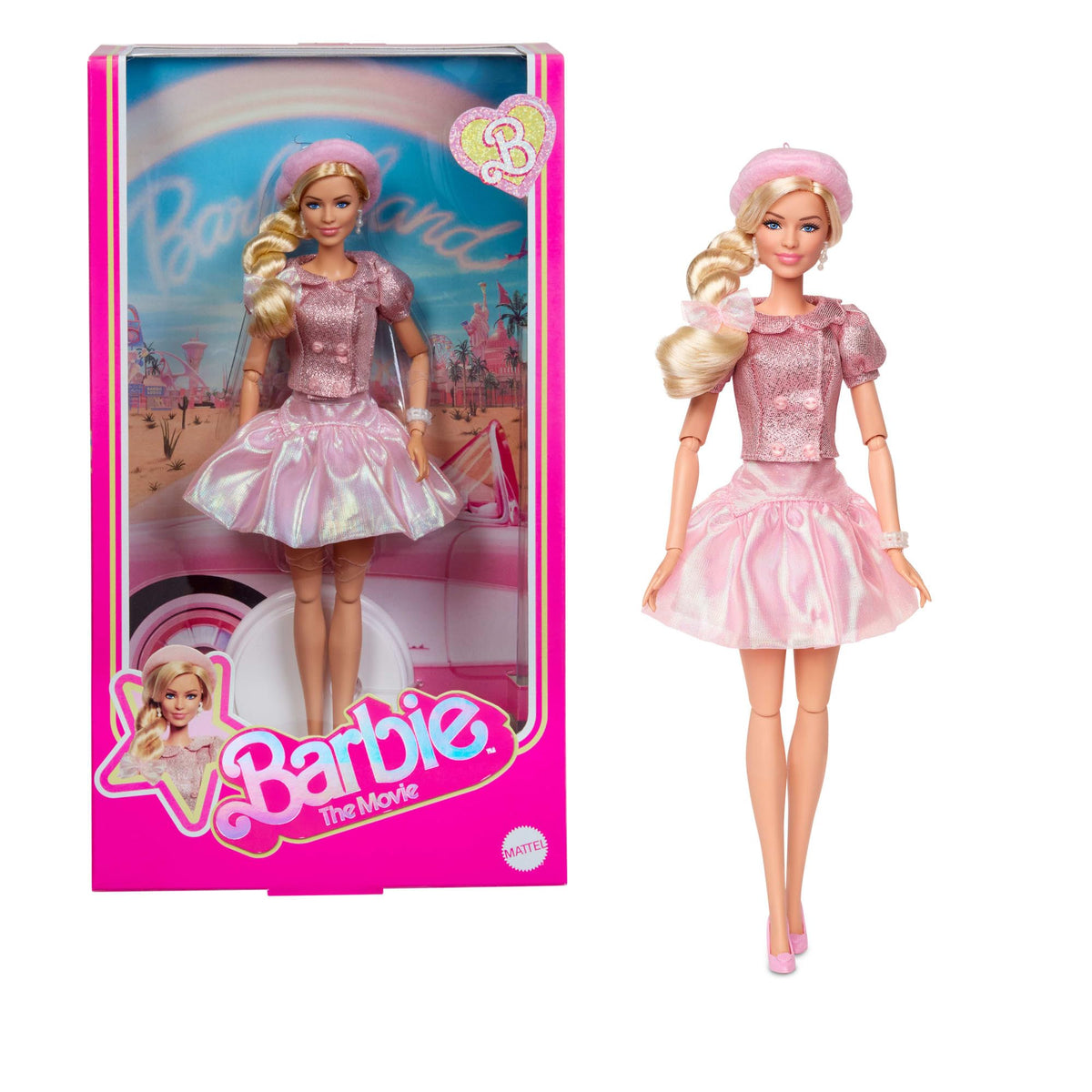 Barbie The Movie doll in pink blouse and skirt showcases film-inspired fashion.