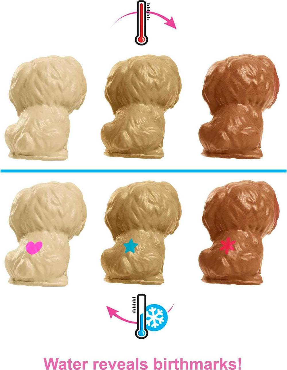Barbie Newborn Pups bath-time scene with tub and birthmark reveal.