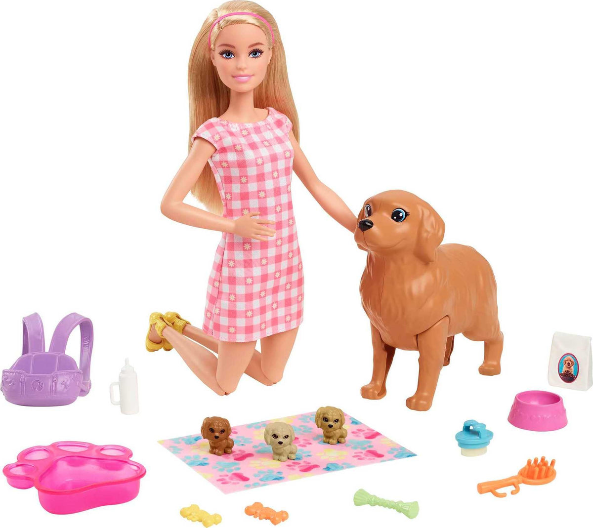 Barbie Newborn Pups mommy dog ready to welcome puppies for nurturing play.