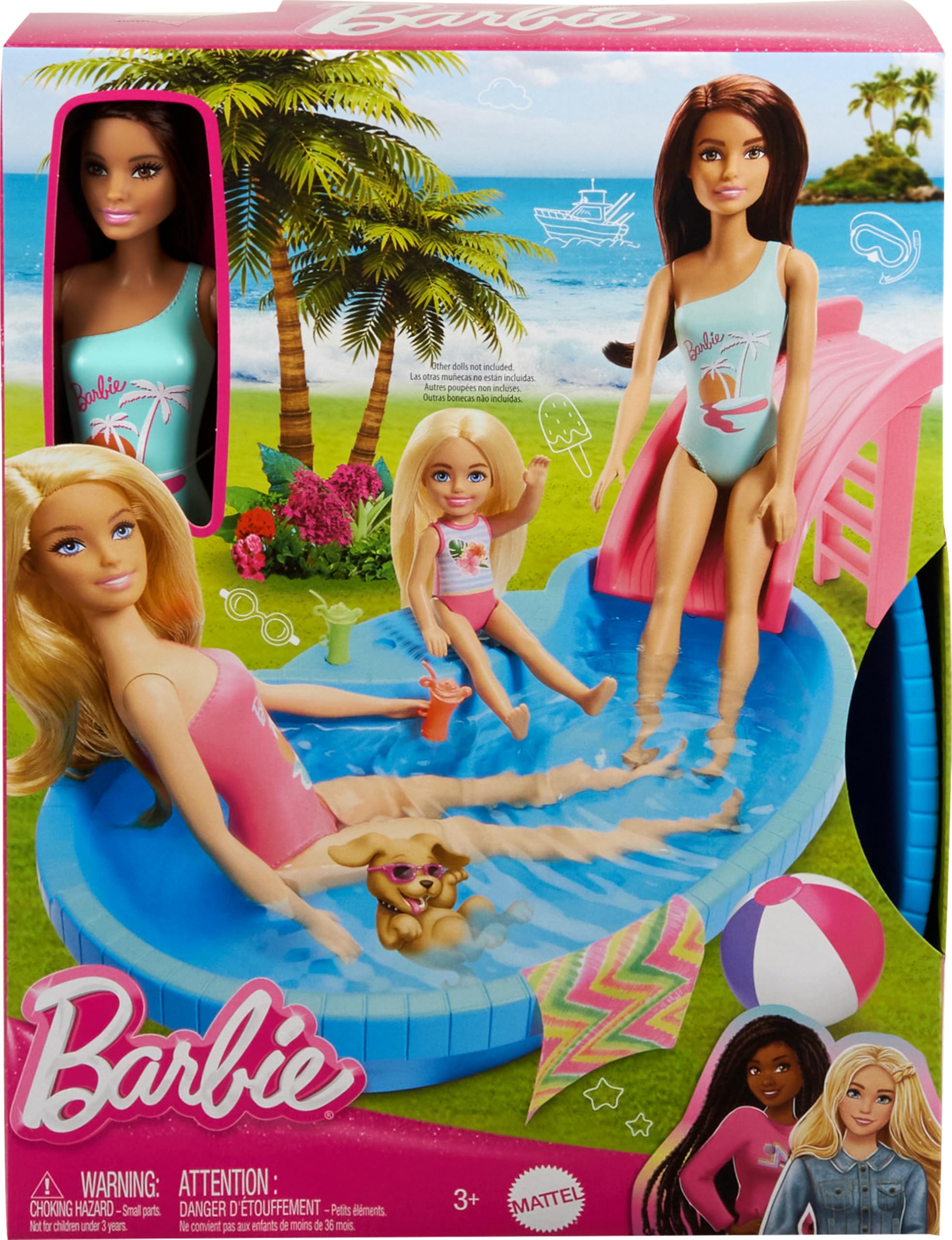 Barbie complete pool playset shows everything needed for immersive water play.